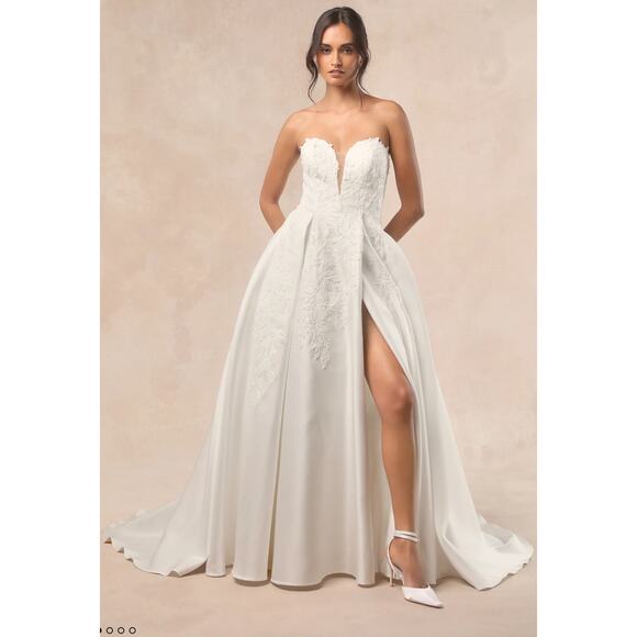 Lulus New! White Beaded Embroidered Strapless Gown Long Slit Bridal Wedding 4 - Picture 1 of 8